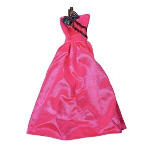 90s‎ Barbie Party Dress Bright Pink Gown Black Bow Shoulder Strap Vtg Mattel